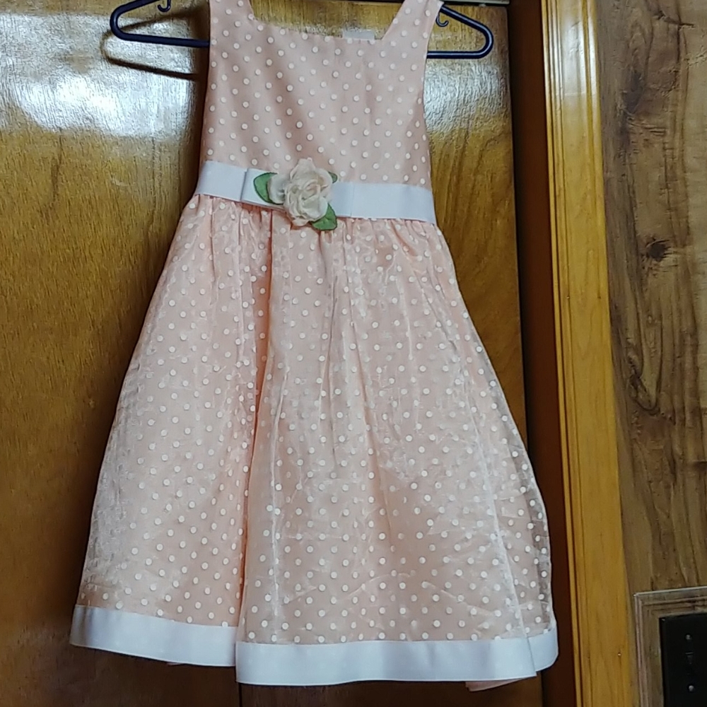 Sleeveless peach & white polka dot dress